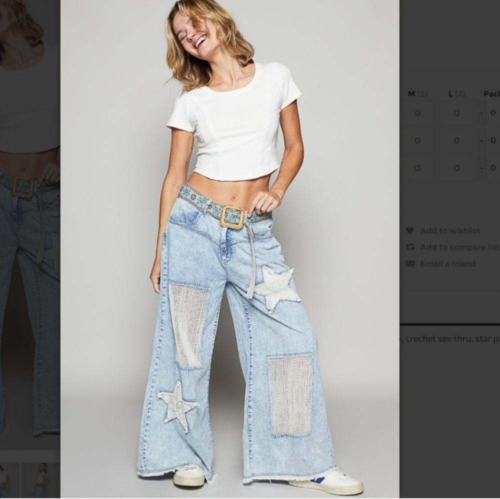NEW!! POL Raw Hem Blue Denim Star Patch Wide Leg Pants